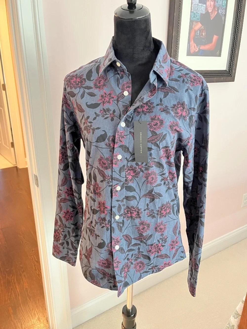 NWT Men’s Banana Republic Dark Blue Floral Print Organic Cotton Button Down S